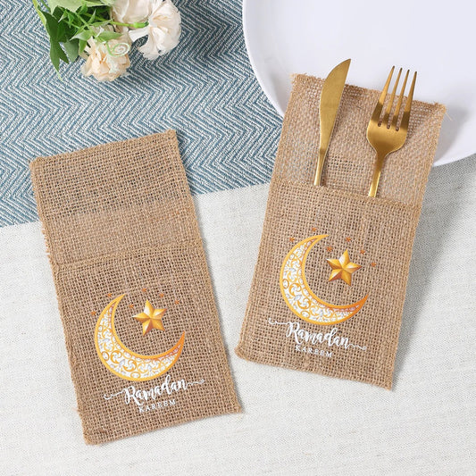 Ramadan Mubarak Burlap Cutlery Pouch – Festive Table Decor